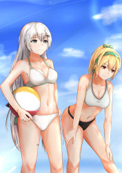 Rule 34 | 2girls, absurdres, ball, barcode, barcode tattoo, beachball, bikini, blonde hair, blue sky, breasts, cleavage, collarbone, feet out of frame, girls&#039; frontline, green ribbon, grey eyes, hair ribbon, hairband, highres, huge filesize, long hair, looking down, medium breasts, multiple girls, muteppona hito, navel, number tattoo, red eyes, ribbon, sky, sports bikini, sports bra, stomach, sv-98 (girls&#039; frontline), svd (girls&#039; frontline), swimsuit, tattoo, white bikini, white hair