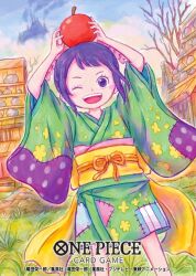 Rule 34 | 1girl, apple, bare tree, blush stickers, child, commentary request, copyright name, cowboy shot, food, fruit, grass, green kimono, hair bun, hair ornament, happy, holding, holding food, japanese clothes, kimono, kurozumi tama, looking at viewer, obi, official art, one eye closed, one piece, one piece card game, purple hair, sash, sidelocks, smile, sowsow, teeth, tree, upper teeth only, wide sleeves, yellow sash