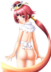 Rule 34 | &gt;:(, 1girl, apron, arms at sides, ass, back, bare arms, benienma (fate), blush, cleft of venus, closed mouth, commentary request, cowboy shot, detached collar, facial mark, fate/grand order, fate (series), forehead mark, from behind, frown, hat, long hair, looking at viewer, looking back, low ponytail, naked apron, parted bangs, pussy, red eyes, red hair, simple background, sin-go, solo, uncensored, v-shaped eyebrows, very long hair, waist apron, wavy mouth, white apron, white background, white hat