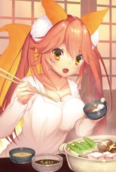 Rule 34 | 1girl, animal ear fluff, animal ears, bad id, bad pixiv id, blush, bowl, breasts, cleavage, collarbone, fang, fate/grand order, fate (series), food, food request, fox ears, fox tail, indoors, large breasts, long hair, long sleeves, looking at viewer, mogullaz, open mouth, pink hair, pot, smile, solo, standing, tail, tamamo (fate), tamamo no mae (fate/extra), thick eyebrows, translation request, twintails, yellow eyes