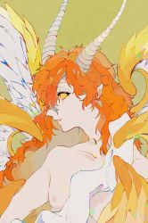 Rule 34 | 1boy, demon, demon boy, demon horns, eyelashes, feathers, from side, highres, horns, long hair, looking at viewer, lucifer (megami tensei), male focus, megami tensei, multiple wings, naked ribbon, orange hair, pointy ears, ribbon, seraph, shin megami tensei, solo, solo focus, topless male, upper body, wings, yellow eyes