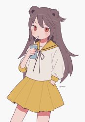Rule 34 | 1girl, absurdres, animal ears, bear ears, brown eyes, brown hair, cowboy shot, drink, drinking, drinking straw, emma (kumaema), hand in pocket, highres, holding, holding drink, long hair, long sleeves, looking at viewer, original, pleated skirt, sailor collar, shirt, signature, simple background, skirt, solo, white background, white shirt, yellow sailor collar, yellow skirt