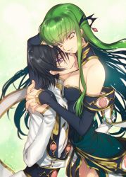Rule 34 | 1boy, 1girl, breasts, c.c., cleavage, code geass, creayus, detached sleeves, dress, earrings, garter straps, green hair, hand on another&#039;s head, hetero, holding hands, interlocked fingers, jewelry, large breasts, lelouch vi britannia, long hair, smile, strapless, strapless dress, yellow eyes
