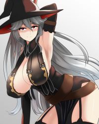 Rule 34 | 10s, 1girl, arm up, armpits, black dress, black gloves, black thighhighs, breasts, dress, elbow gloves, female focus, garter straps, gloves, granblue fantasy, hat, highres, huge breasts, large breasts, long hair, magisa (granblue fantasy), mattari yufi, red eyes, silver hair, smile, solo, thighhighs, very long hair, witch hat, zettai ryouiki