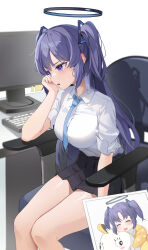Rule 34 | 1girl, absurdres, aged down, black skirt, blue archive, blue necktie, breasts, chair, collared shirt, elbow rest, halo, hand on own cheek, hand on own face, highres, jbell, keyboard (computer), large breasts, long hair, miniskirt, monitor, necktie, office chair, parted bangs, photo (object), pleated skirt, purple eyes, purple hair, shirt, sitting, skirt, swivel chair, two side up, white shirt, yuuka (blue archive)