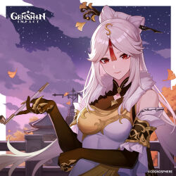 Rule 34 | 1girl, absurdres, black gloves, breasts, cloud, commentary, copyright name, dress, eyeshadow, genshin impact, gloves, hair ornament, hair stick, highres, holding, holding smoking pipe, kiseru, long hair, looking at viewer, makeup, medium breasts, night, night sky, ningguang (genshin impact), official art, outdoors, red eyes, sky, smoking pipe, solo, star (sky), starry sky, upper body, very long hair, white dress, white hair