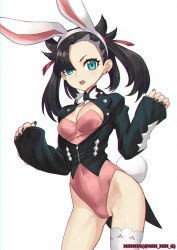 Rule 34 | 1girl, absurdres, adapted costume, asymmetrical bangs, black hair, black jacket, black nails, breasts, cleavage, commentary request, covered navel, creatures (company), earrings, eyelashes, game freak, green eyes, hair ribbon, hairband, hands up, highres, jacket, jewelry, leotard, marnie (pokemon), medium breasts, nail polish, ninnin (shishitou), nintendo, open mouth, pink leotard, pokemon, pokemon swsh, rabbit tail, red ribbon, ribbon, single thighhigh, solo, tail, teeth, thighhighs, tongue, upper teeth only, w arms, white hairband