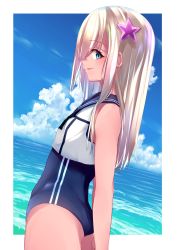 Rule 34 | 001machi, 1girl, absurdres, ass, blonde hair, blue eyes, blue sky, cloud, cloudy sky, crop top, day, flat chest, flower, hair flower, hair ornament, highres, kantai collection, looking at viewer, looking to the side, ocean, one-piece swimsuit, one-piece tan, outdoors, ro-500 (kancolle), sailor collar, school swimsuit, school uniform, serafuku, sky, smile, solo, swimsuit, tan, tanline, water