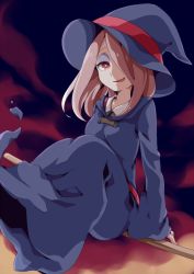 Rule 34 | 10s, 1girl, akira ry0, bad id, bad pixiv id, breasts, broom, dress, hair over one eye, hat, highres, little witch academia, long hair, open mouth, pink hair, red eyes, sitting, sitting on object, small breasts, smile, solo, sucy manbavaran, witch, witch hat