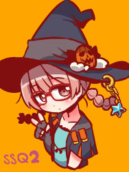 Rule 34 | 1girl, black hat, black jacket, blue shirt, blush, braid, brown eyes, brown hair, character request, closed mouth, collarbone, cropped torso, etrian odyssey, fingerless gloves, glasses, gloves, grey gloves, hair between eyes, hand up, hat, head tilt, jacket, long hair, looking at viewer, low twintails, naga u, open clothes, open jacket, orange background, red-framed eyewear, sekaiju no meikyuu, sekaiju no meikyuu 2, shirt, short sleeves, simple background, solo, star (symbol), twin braids, twintails, v, witch hat