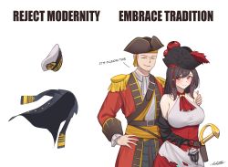 Rule 34 | 1girl, absurdres, azur lane, bare shoulders, blush, breasts, commander (azur lane), grin, hat, highres, jacket, long hair, meme, open clothes, open jacket, open mouth, pirate costume, pirate hat, red eyes, royal fortune (azur lane), smile, sword, weapon, whitter