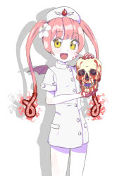 Rule 34 | 1girl, :d, blood, blood on face, blood on hands, blush, buttons, colored skin, demon wings, ebola-chan, fang, flower, hair flower, hair ornament, hat, highres, holding, lips, long hair, looking at viewer, nurse, nurse cap, open mouth, original, pale skin, pantyhose, personification, pink hair, shadow, short sleeves, sidelocks, simple background, skull, sly (slykick), slykick, smile, solo, twintails, white background, white skin, wings, yellow eyes