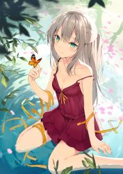 Rule 34 | 1girl, aqua eyes, bad id, bad pixiv id, bare arms, bare legs, bare shoulders, blurry, blurry foreground, blush, breasts, bug, butterfly, cleavage, collarbone, commentary request, depth of field, dress, hair between eyes, half updo, hand up, highres, insect, long hair, looking at viewer, medium breasts, orange ribbon, original, parted lips, plant, red dress, ribbon, ripples, sidelocks, silver hair, sitting, sleeveless, sleeveless dress, solo, strap slip, sutorora, thighs, wariza, water