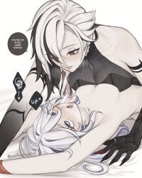 Rule 34 | 2girls, absurdres, arlecchino (genshin impact), asymmetrical docking, black eyes, black hair, black hands, blue eyes, blush, breast press, breasts, colored extremities, english text, eyes visible through hair, furina (genshin impact), genshin impact, girl on top, grey hair, grin, hair between eyes, highres, large breasts, long hair, lying, medium breasts, multicolored hair, multiple girls, on back, oofxyphxia, open mouth, rolling eyes, smile, speech bubble, spoken squiggle, squiggle, symbol-shaped pupils, tearing up, white hair, x-shaped pupils, yuri