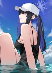 1girl absurdres back baseball_cap black_camisole black_hair blue_archive blue_hair blue_halo blue_sky breasts camisole cloud colored_inner_hair cross_halo egomeshi glaring grey_eyes hair_between_eyes halo hat highres knees_up long_bangs looking_at_viewer looking_back medium_breasts multicolored_hair official_alternate_costume outdoors partially_submerged ponytail saori_(blue_archive) saori_(swimsuit)_(blue_archive) shallow_water shoulder_blades sideways_glance sitting sky solo spaghetti_strap water wet wet_clothes white_hat