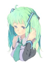 Rule 34 | 1girl, ahoge, aqua eyes, aqua hair, close-up, detached sleeves, hatsune miku, kattyuuu, necktie, open mouth, simple background, solo, twintails, upper body, vocaloid, white background