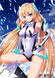 Rule 34 | 1girl, :&lt;, angela balzac, bare shoulders, black gloves, blonde hair, blue eyes, blunt bangs, blush, bodysuit, boots, breasts, breasts apart, cloud, covered navel, day, elbow gloves, female focus, gloves, glowing, halterneck, headgear, highleg, highleg leotard, highres, hip focus, impossible clothes, impossible leotard, knee boots, large breasts, leotard, long hair, looking at viewer, low twintails, outdoors, rakuen tsuihou, shards, sky, solo, spread legs, takanashi-a, thigh strap, turtleneck, twintails, very long hair