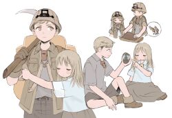Rule 34 | 1boy, 1girl, aged down, backpack, bag, bell, bird, blonde hair, blush, brother and sister, brown hair, carrying over shoulder, child, clinging, closed eyes, cosplay, dungeon meshi, egg, facing viewer, falin touden, falin touden (tallman), frs2, gloves, grey hair, hand up, helmet, highres, holding, holding egg, holding pickaxe, hug, jacket, knee up, korean commentary, laios touden, light brown hair, long hair, looking at another, made in abyss, multiple views, neck bell, pickaxe, poking, profile, school uniform, shoes, short hair, short sleeves, shorts, siblings, sideways glance, simple background, sitting, skirt, smile, spoken animal, whistle, whistle around neck, white background, yellow eyes