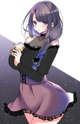 Rule 34 | 1girl, aizawa chihiro, black bow, black choker, black hair, black nails, black shirt, blue hair, bow, braid, breasts, can, choker, cleavage, colored inner hair, covered collarbone, drink can, earrings, gradient hair, grey eyes, hair bow, high-waist skirt, highres, holding, holding can, jewelry, lace, lace choker, large breasts, long hair, mole, mole under mouth, multicolored hair, off-shoulder shirt, off shoulder, original, purple skirt, see-through, see-through cleavage, shirt, skirt, soda can, solo