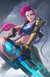 Rule 34 | 1girl, absurdres, bare shoulders, braid, breasts, choker, gloves, green eyes, highres, jacket, jewelry, jinx (league of legends), laser gun, league of legends, lipstick, long hair, looking at viewer, makeup, single mechanical arm, necklace, odyssey jinx, prosthesis, prosthetic arm, purple hair, single glove, small breasts, smile, solo, tank top, very long hair, weapon