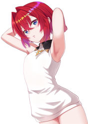 Rule 34 | 1girl, ange katrina, ange katrina (1st costume), armpits, arms up, blue eyes, blush, commentary, from below, hair intakes, looking at viewer, mizunashi hayate, nijisanji, parted lips, red hair, shirt, short hair, simple background, sleeveless, solo, standing, thighs, virtual youtuber, white background, white shirt
