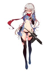 Rule 34 | 1girl, 9a-91 (girls&#039; frontline), absurdres, assault rifle, black panties, black thighhighs, blue eyes, blush, boots, breasts, elbow gloves, full body, girls&#039; frontline, gloves, gun, hair between eyes, hair ornament, highres, long hair, low twintails, navel, nightmaremk2, no bra, official art, one eye closed, panties, red scarf, rifle, scarf, silver hair, simple background, small breasts, solo, string panties, submachine gun, tears, thigh boots, thighhighs, torn clothes, torn thighhighs, twintails, underwear, weapon, white background