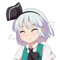 Rule 34 | 1girl, anime coloring, aqua vest, ascot, black ascot, black hairband, cato (monocatienus), closed eyes, commentary request, frown, hairband, konpaku youmu, motion lines, portrait, shaking head, shirt, short hair, short sleeves, silver hair, simple background, solo, sweat, touhou, white background, white shirt