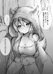 Rule 34 | 10s, 1girl, belt, blush, breasts, cleavage, draph, fake horns, fumitan (humitan), granblue fantasy, greyscale, hood, hoodie, horned headwear, horns, kumuyu, large breasts, low twintails, monochrome, translated, twintails