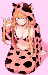 Rule 34 | 1girl, absurdres, animal costume, animal ears, animal print, barefoot, blonde hair, blue eyes, blush, breasts, cleavage, cow costume, cow ears, cow print, haioku colonel, highres, japanese clothes, light smile, long hair, looking at viewer, navel, original, seiza, sitting, sweat, twintails