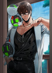 Rule 34 | belt, brown hair, glasses, guilty gear, guilty gear strive, hand in pocket, highres, kusu (moo1225), lab coat, muscular, muscular male, pectorals, sol badguy, wet, wet clothes, wet hair