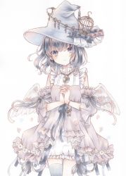 Rule 34 | 1girl, absurdres, angel wings, birdcage, blue bow, blue eyes, blue hat, blue thighhighs, blunt bangs, bow, breasts, cage, chain, chain necklace, closed mouth, collared dress, curly hair, detached sleeves, dress, expressionless, frilled dress, frilled sleeves, frills, hat, hat bow, hat ornament, highres, jewelry, key, lock, looking at viewer, marker (medium), medium hair, necklace, original, own hands together, paruno, pink bow, purple dress, purple sleeves, simple background, single thighhigh, sleeveless, sleeveless dress, small breasts, solo, standing, thighhighs, traditional media, white background, wings, witch hat