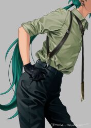 Rule 34 | 1girl, androgynous, black gloves, black necktie, black pants, collared shirt, cowboy shot, creatures (company), from side, game freak, gloves, green hair, green shirt, grey background, hand on own hip, head out of frame, highres, long hair, low ponytail, mame moyashi, necktie, nintendo, pants, pokemon, pokemon sv, ponytail, reverse trap, rika (pokemon), shirt, shirt tucked in, signature, simple background, solo, standing, suspenders, twitter username