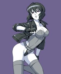 Rule 34 | 1girl, belt, bomssp, breasts, cleavage, ghost in the shell, jacket, kusanagi motoko, large breasts, leotard, no pants, red eyes, short hair, solo, thighhighs
