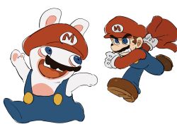 Rule 34 | 2boys, animal ears, blue eyes, blue overalls, brown hair, buck teeth, commentary, facial hair, gloves, hat, highres, male focus, mario, mario (series), mario + rabbids kingdom battle, mimimi (mimimim9999), multiple boys, mustache, nintendo, overalls, rabbid, rabbid mario, rabbit ears, raving rabbids, red hat, red shirt, shirt, symbol-only commentary, teeth, white gloves