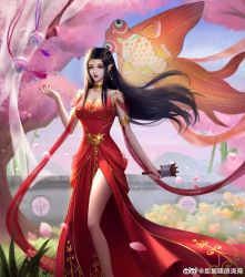 Rule 34 | 1girl, absurdres, bamboo, black hair, blurry, blurry background, bush, cai lin (doupo cangqiong), cherry blossoms, doupo cangqiong, dress, expressionless, falling petals, hair ornament, hand up, highres, jewelry, kite, long hair, petals, pointy ears, red dress, ruguo la qing shen la, solo, wall