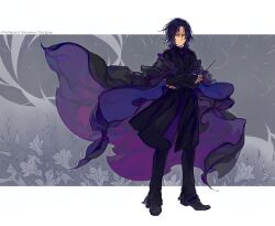 Rule 34 | 1boy, black coat, black hair, black pants, character name, coat, english text, floral background, flower, grey background, harry potter (series), lily (flower), looking at viewer, male focus, medium hair, pants, petals, purple robe, robe, severus snape, slytherin, solo focus, wand, wizarding world, yihui