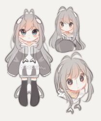 Rule 34 | 1girl, antenna hair, black thighhighs, blue eyes, blush, cetacean tail, character sheet, clothing cutout, colored inner hair, fins, fish tail, grey hair, grey hoodie, hood, hoodie, indie virtual youtuber, long hair, multicolored hair, multiple views, orca girl, oversized clothes, puffy sleeves, shachi (artist), shachi (vtuber), sketch, sleeves past fingers, sleeves past wrists, swept bangs, tail, tail through clothes, thighhighs, very long hair, virtual youtuber, whale girl