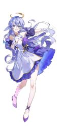 Rule 34 | 1girl, bare legs, blue eyes, commentary, detached sleeves, dress, full body, gloves, grin, highres, honkai: star rail, honkai (series), long hair, looking at viewer, naengbi1008, purple footwear, purple hair, robin (honkai: star rail), shoes, short sleeves, smile, solo, strapless, strapless dress, unfinished, very long hair, white dress, white gloves