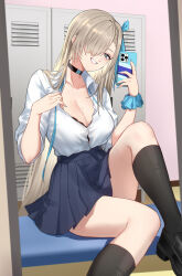 Rule 34 | 1girl, asuna (blue archive), blue archive, blue eyes, blue ribbon, blue skirt, blush, breasts, cellphone, choker, cleavage, collared shirt, dress shirt, grin, hair over one eye, hair ribbon, halo, highres, large breasts, light brown hair, long hair, looking at viewer, phone, pleated skirt, ribbon, scrunchie, shigure s, shirt, sitting, skirt, sleeves rolled up, smile, solo, thighs, very long hair, white shirt, wrist scrunchie