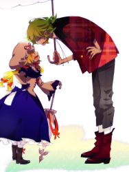Rule 34 | 1boy, 1girl, age difference, alternate costume, bent over, blonde hair, blue skirt, blush, boots, closed umbrella, crying, expressionless, from side, genderswap, genderswap (ftm), green hair, hair ribbon, hand on own hip, hat, height difference, holding, holding umbrella, kazami yuuka, long sleeves, looking at another, open mouth, pantyhose, ribbon, skirt, standing, tears, touhou, umbrella, unmoving pattern, warumoko, wide sleeves, yakumo yukari, yakumo yukari (young), aged down