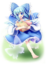 Rule 34 | 1girl, artist request, bad id, bad pixiv id, barefoot, blue eyes, blue hair, bow, circled 9, cirno, cosplay, female focus, full body, gradient background, hair bow, hakurei reimu, hakurei reimu (cosplay), matching hair/eyes, minato0618, short hair, solo, touhou, white background, wings