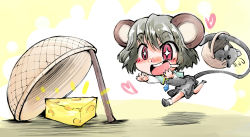 Rule 34 | + +, 1girl, absurdres, animal ears, basket, blush, cheese, chibi, drooling, drop trap, female focus, flying sweatdrops, food, grey hair, heart, highres, jewelry, long sleeves, mouse (animal), mouse ears, mouse tail, nazrin, open hand, open mouth, outstretched arms, pendant, red eyes, running, shinapuu, short hair, skirt, skirt set, solo, star-shaped pupils, star (symbol), sweat, swiss cheese, symbol-shaped pupils, tail, touhou, yellow background