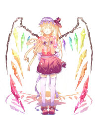 Rule 34 | 1girl, blonde hair, bow, carrying, flandre scarlet, gurasion (gurasion), hat, heart, highres, long hair, mob cap, ribbon, shoes, side ponytail, smile, solo, standing, thighhighs, touhou, white thighhighs, wings, wrist cuffs, zettai ryouiki
