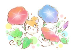 Rule 34 | 2boys, :3, animal ears, blue flower, commentary request, flower, hamster, hamster ears, hamtaro, hamtaro (series), hat, holding, holding flower, jin (jin3jin3), kaburu (hamtaro), leaf, looking at another, male focus, multiple boys, musical note, no humans, notice lines, profile, red flower, running, whiskers
