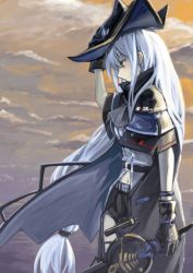 Rule 34 | 1girl, adjusting clothes, adjusting headwear, arknights, arm up, ascot, belt, black belt, black cape, black capelet, black gloves, black hat, black pants, breasts, cape, capelet, closed mouth, clothing cutout, cloud, commentary, cowboy shot, from side, gloves, grey ascot, grey shirt, hair between eyes, hat, highres, holding, holding sword, holding weapon, infection monitor (arknights), long hair, looking afar, low-tied long hair, medium breasts, midriff, navel, outdoors, pants, red eyes, sentou kouhei kitsune, serious, shirt, silver hair, skadi (arknights), sky, solo, sword, thigh cutout, very long hair, weapon