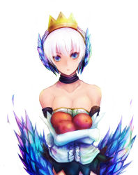 Rule 34 | 1girl, bare shoulders, blue eyes, breasts squeezed together, breasts, cleavage, crossed arms, dress, gwendolyn (odin sphere), kara (color), large breasts, odin sphere, pteruges, short hair, solo, strapless, strapless dress, white hair