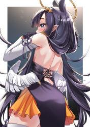 Rule 34 | 1girl, ass, back, back focus, backless dress, backless outfit, bare shoulders, blue eyes, blunt bangs, breasts, cross-laced clothes, cross-laced dress, detached sleeves, dress, extra ears, from behind, from below, gloves, hair over shoulder, halo, highres, hololive, hololive english, long hair, looking at viewer, looking back, low wings, medium breasts, myusagii, ninomae ina&#039;nis, ninomae ina&#039;nis (1st costume), outside border, pleated skirt, pointy ears, profile, purple hair, shoulder blades, simple background, single detached sleeve, skirt, solo, thighhighs, very long hair, virtual youtuber, wings, zettai ryouiki