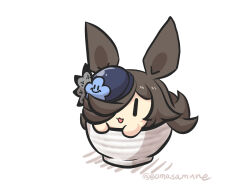 Rule 34 | :d, animal ears, blue flower, blue hat, bowl, brown hair, flower, goma (gomasamune), hair over one eye, hat, hat flower, highres, horse ears, horse tail, in bowl, in container, open mouth, rice bowl, rice shower (umamusume), shadow, simple background, smile, solo, tail, tilted headwear, twitter username, umamusume, white background, | |