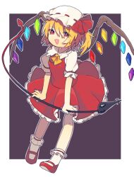 Rule 34 | 1girl, ascot, blonde hair, bobby socks, border, breasts, dark background, flandre scarlet, frilled skirt, frilled sleeves, frills, full body, hair between eyes, hat, hat ribbon, holding, holding polearm, holding weapon, kaishin nakoru, laevatein (touhou), looking at viewer, mary janes, medium hair, multicolored wings, one side up, open mouth, polearm, puffy short sleeves, puffy sleeves, red eyes, red footwear, red ribbon, red skirt, red vest, ribbon, ribbon-trimmed headwear, ribbon trim, shirt, shoes, short sleeves, simple background, skirt, skirt set, sleeve ribbon, small breasts, socks, solo, touhou, triangle mouth, vest, weapon, white border, white hat, white shirt, white socks, wings, yellow ascot