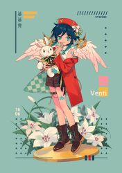 Rule 34 | 1boy, alternate costume, androgynous, angel wings, aqua eyes, aqua hair, arm tattoo, black hair, boots, braid, brown footwear, brown shorts, character name, feathered wings, flower, genshin impact, green background, hair flower, hair ornament, highres, jacket, jacket partially removed, leg tattoo, low twin braids, male focus, medium hair, multicolored hair, overine19, red headwear, red jacket, shirt, shorts, sleeveless, sleeveless shirt, solo, stuffed animal, stuffed rabbit, stuffed toy, tattoo, twin braids, venti (genshin impact), white flower, white shirt, white wings, wings